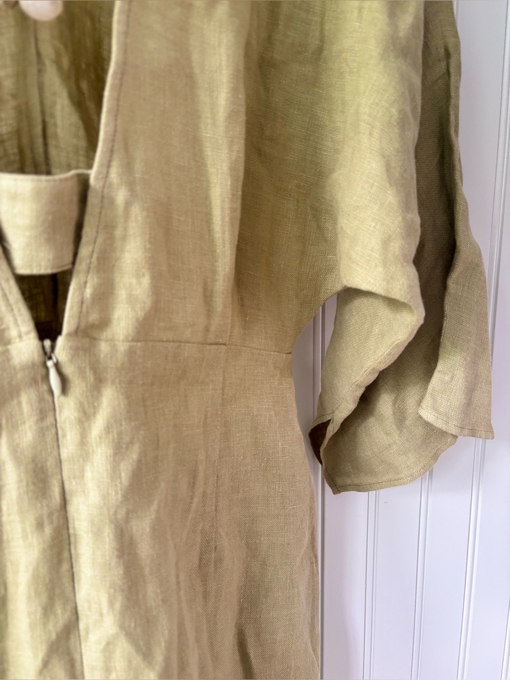 NOCTURNE 100% Linen Beaded Back Mini Dress Olive Green Women's S Quiet Luxury - Picture 11 of 14